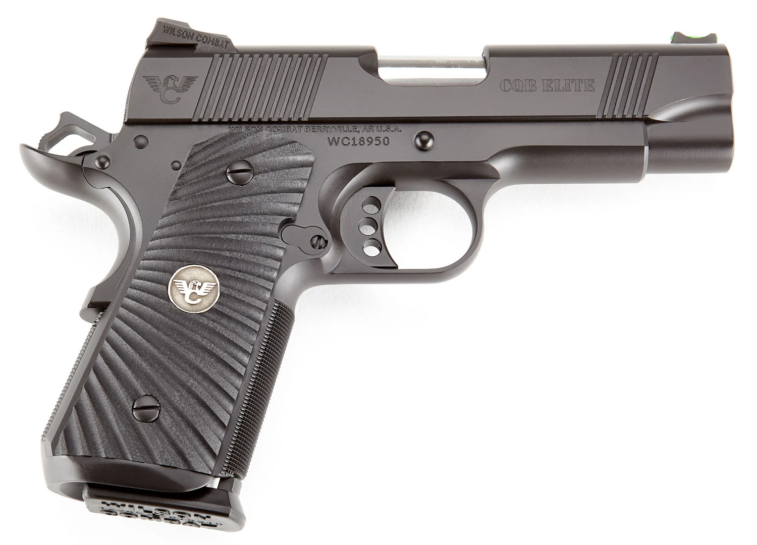 Wilson Combat CQBECP45 CQB Elite Compact Frame 45 ACP 7+1 4" Stainless Match Grade Barrel, Black Serrated Carbon Steel Slide, Black Armor-Tuff Carbon Steel w/Beavertail, Black G10 Starburst Grip